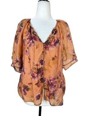 RW&CO. Peach Floral Semi-Sheer Button Blouse